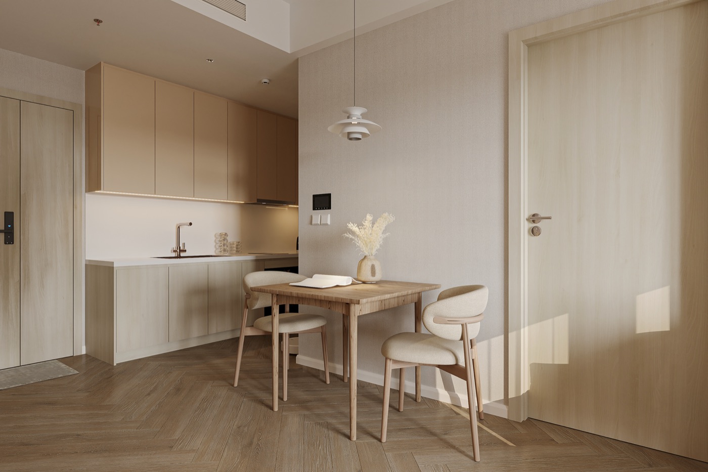 Japandi apartment interior with dining table